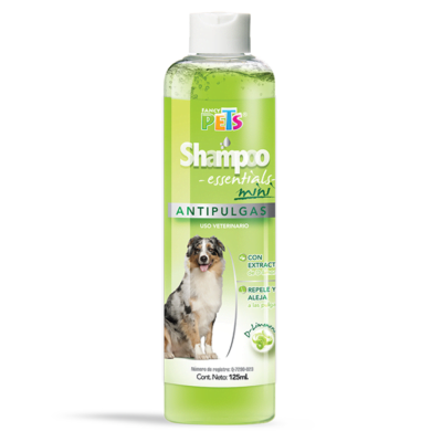 Shampoo para Perros Antipulgas Esentials, contiene extracto de D-limoneno, que aleja de manera natural pulgas y otros parásitos externos. No irrita la piel de perro.