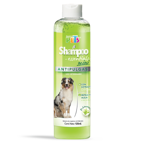 fl3958_3 Shampoo para Perros Antipulgas Esentials, contiene extracto de D-limoneno, que aleja de manera natural pulgas y otros parásitos externos. No irrita la piel de perro.