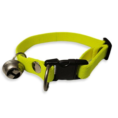 Collar para gato con cascabel color verde Fluorescente , fabricado con tela stretch para brindar seguridad y comodidad a tu mascota, al momento de su exploración, cuenta con cascabel y reflejantes para mejorar la ubicación de tu gato en casa. El collar es de tamaño chico, con medida de 25cm de largo y es estirable con 1 cm de ancho.