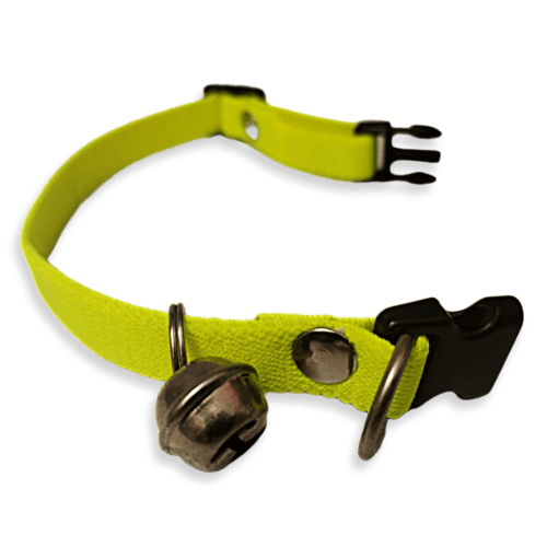 Collar para gato con cascabel color verde Fluorescente , fabricado con tela stretch para brindar seguridad y comodidad a tu mascota, al momento de su exploración, cuenta con cascabel y reflejantes para mejorar la ubicación de tu gato en casa. El collar es de tamaño chico, con medida de 25cm de largo y es estirable con 1 cm de ancho.