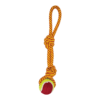 Juguete para perro cuerda de 35 cm de largo en forma de lazo con dos nudos y pelota de tenis, Juguete de hilo elaborado con materiales que resisten jalones y mordidas, con cuerda tejida y anudada y pelota de tenis que invitan al perro a mordisquear.