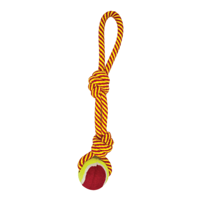 Juguete para perro cuerda de 35 cm de largo en forma de lazo con dos nudos y pelota de tenis, Juguete de hilo elaborado con materiales que resisten jalones y mordidas, con cuerda tejida y anudada y pelota de tenis que invitan al perro a mordisquear.