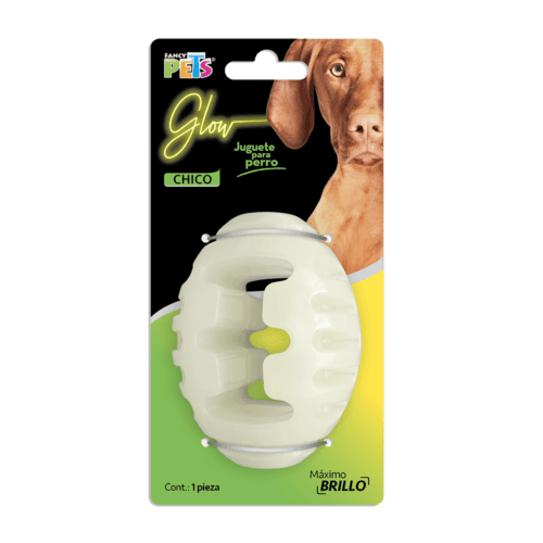 Juguete Perro con forma de balón que brilla en la oscuridad, para obtener el máximo brillo hay que exponerlo a una fuente de luz artificial, incluso con la linterna del teléfono celular.