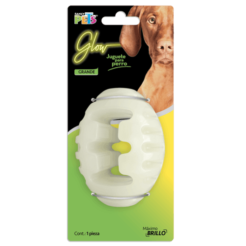 Juguete Perro con forma de balón que brilla en la oscuridad, para obtener el máximo brillo hay que exponerlo a una fuente de luz artificial, incluso con la linterna del teléfono celular.