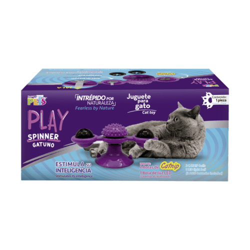 Juguete para gato spinner gatuno con catnip para gato de la línea Play de Fancy Pets está diseñado para estimular el instinto cazador de tu gato, con elementos que llamarán su atención como el movimiento y las luces del spinner. Promueve la salud dental.